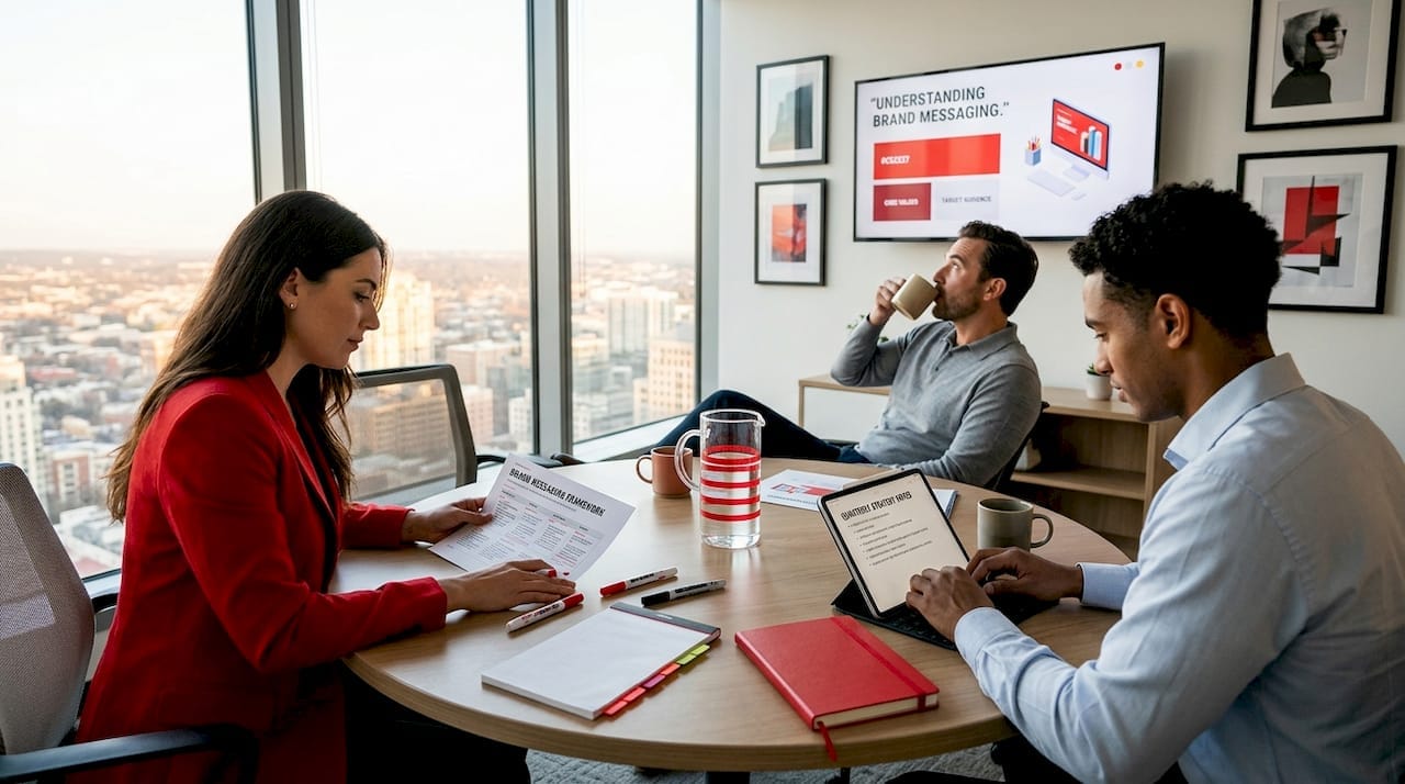 Team discusses brand messaging framework in office