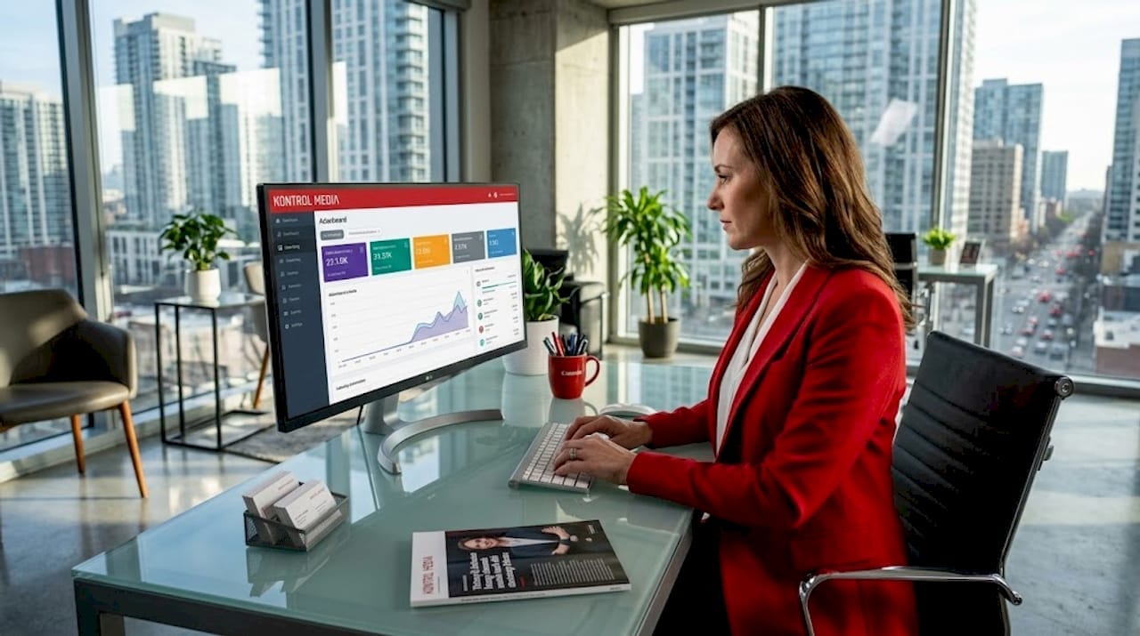 Media executive working in bright urban office