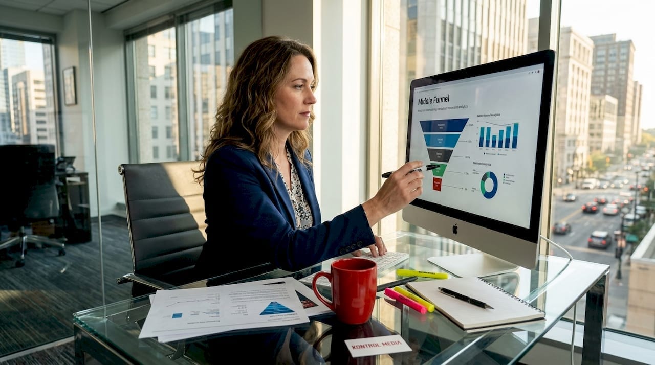 Manager reviewing mid-funnel analytics workspace