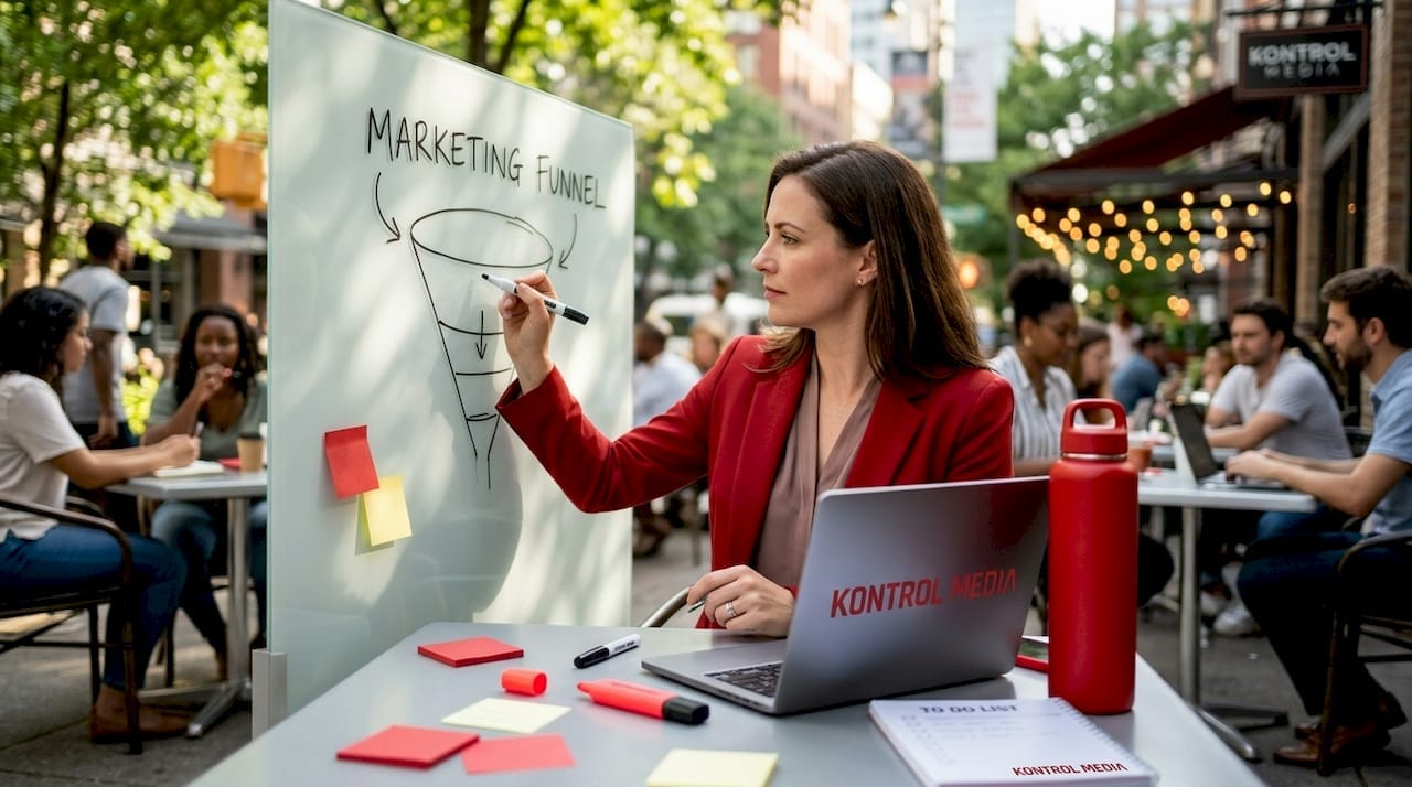 Manager drawing funnel diagram on glass whiteboard