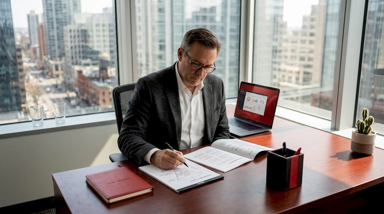 CMO working on growth frameworks at desk