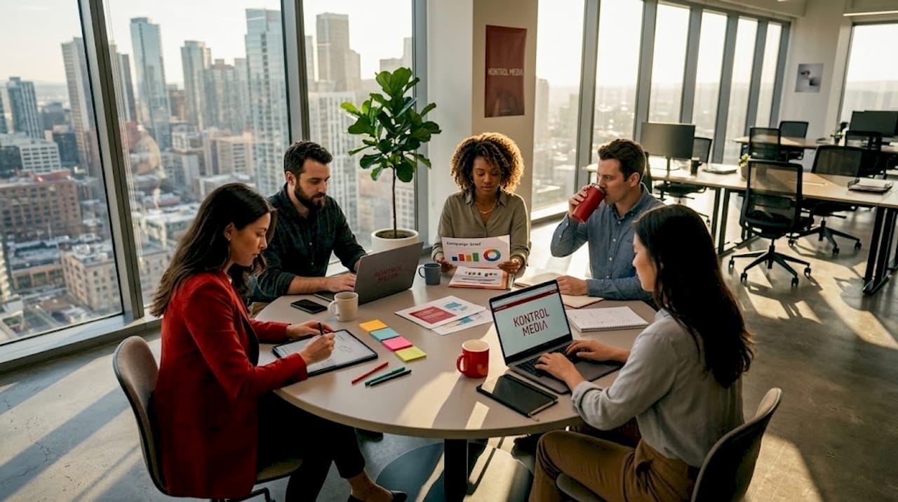 Marketing team collaborating in corner office
