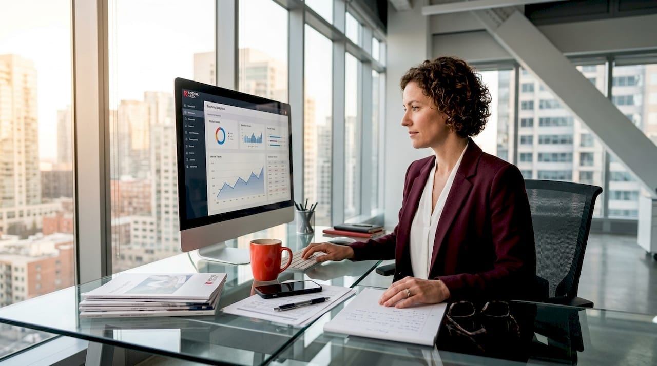 Strategist reviewing market growth dashboard in office