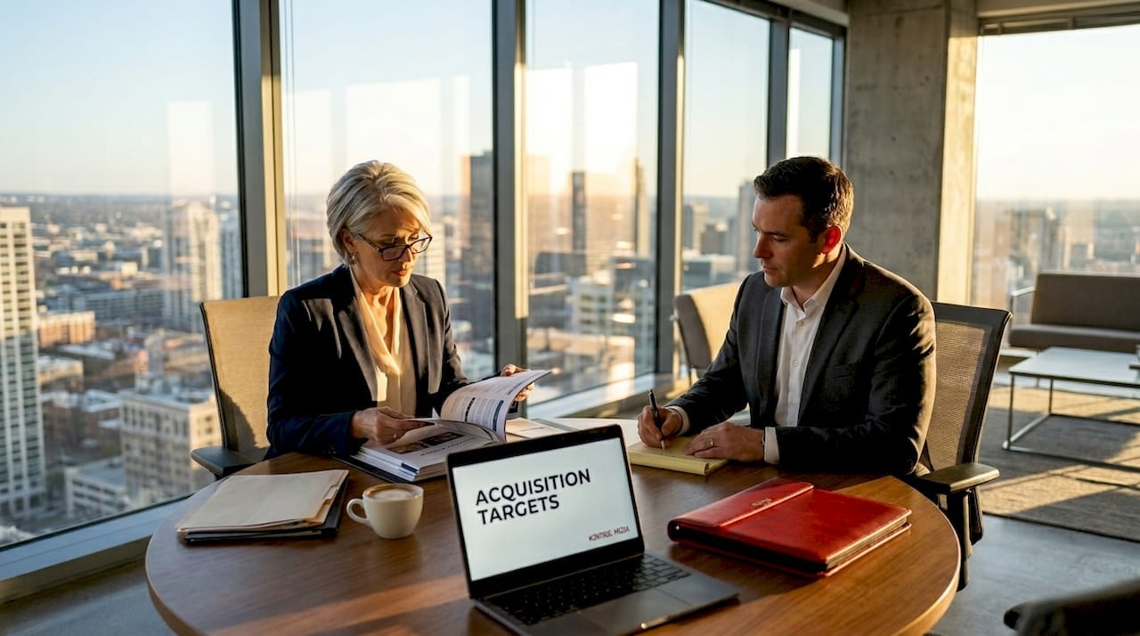 Executives discuss acquisition strategy at office table