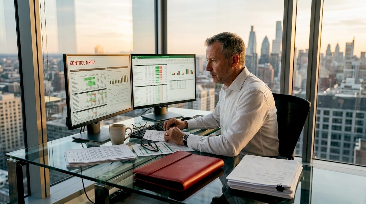 Business professional reviewing financial reports at desk