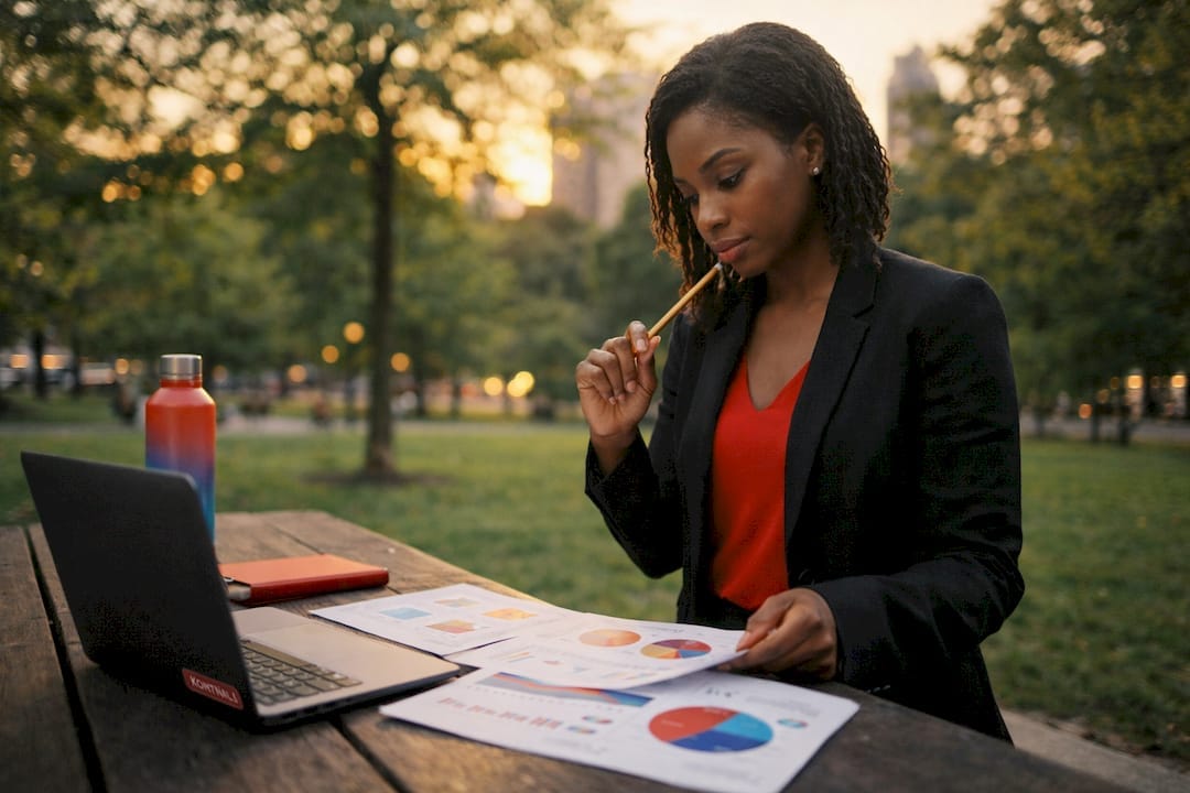 Woman reviewing media network business documents