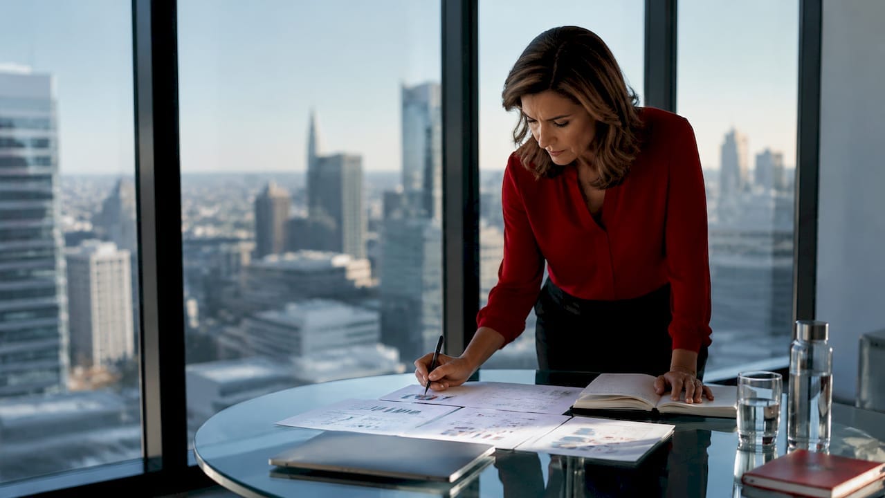 Analyst reviewing private equity marketing documents