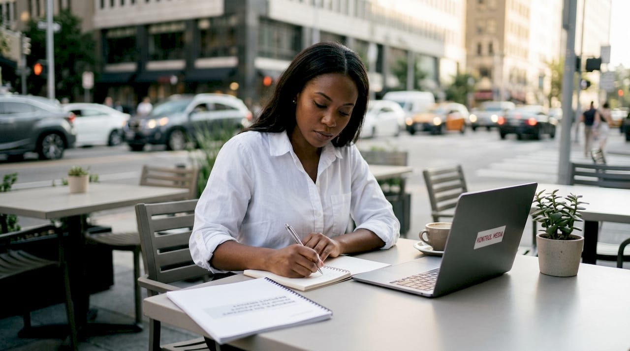 Marketing manager reviewing business goals at desk