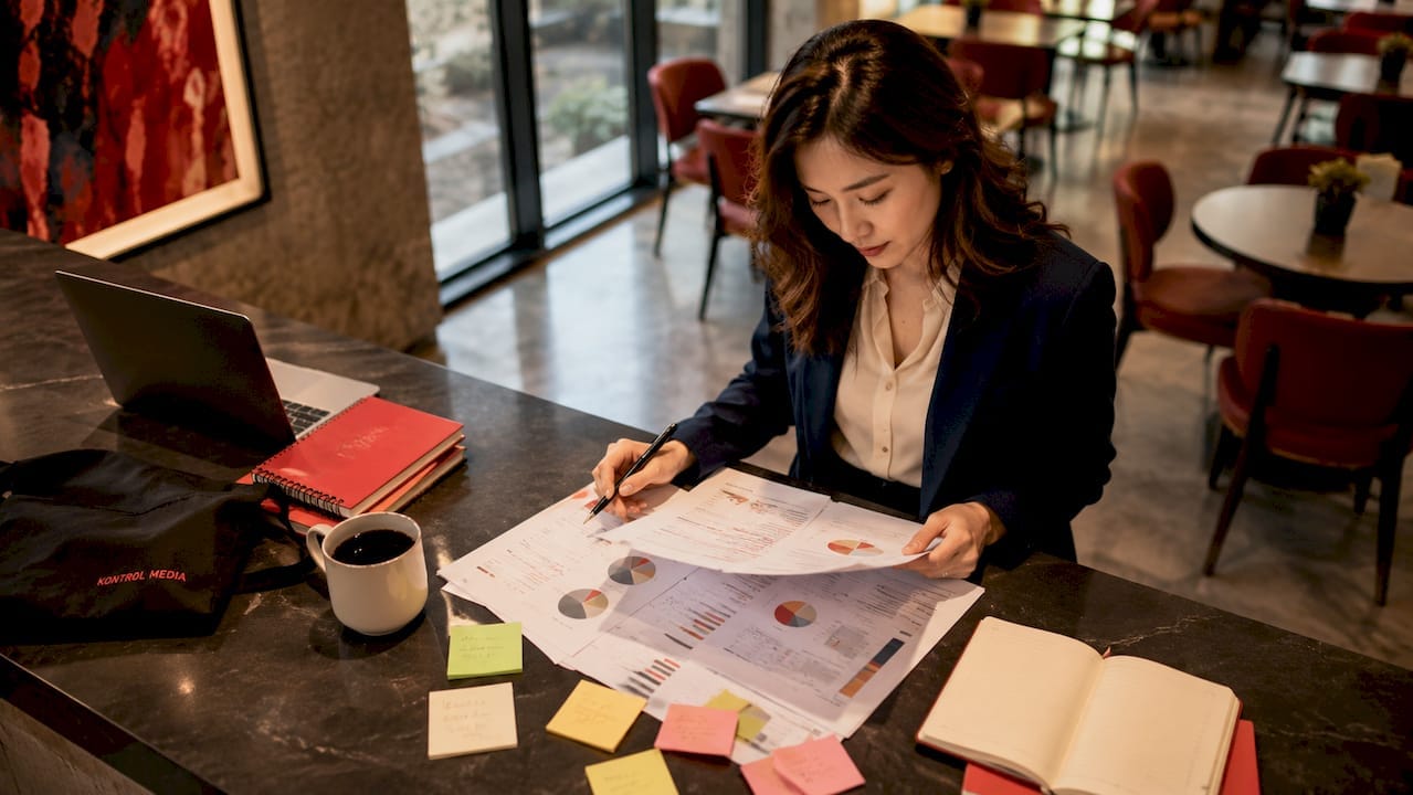 Businesswoman reviewing go-to-market strategy documents