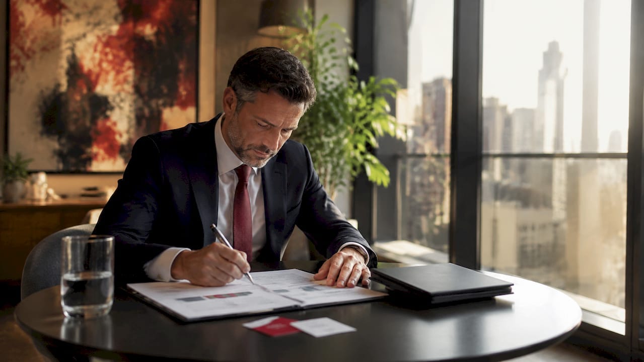 Business consultant reviewing strategy documents