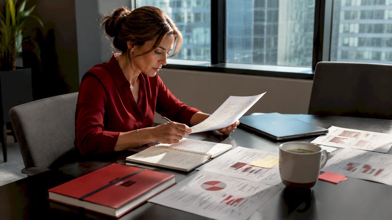 Marketing leader reviewing campaign plan at desk