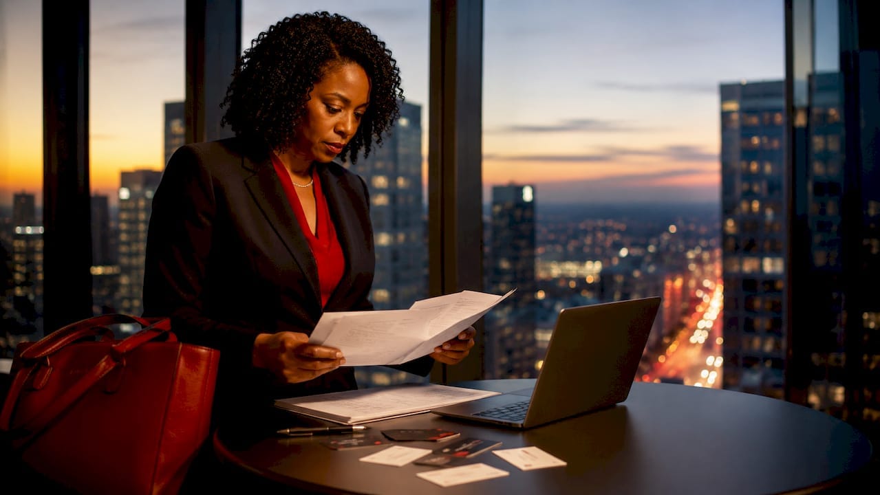 Businesswoman organizing strategic partnership documents