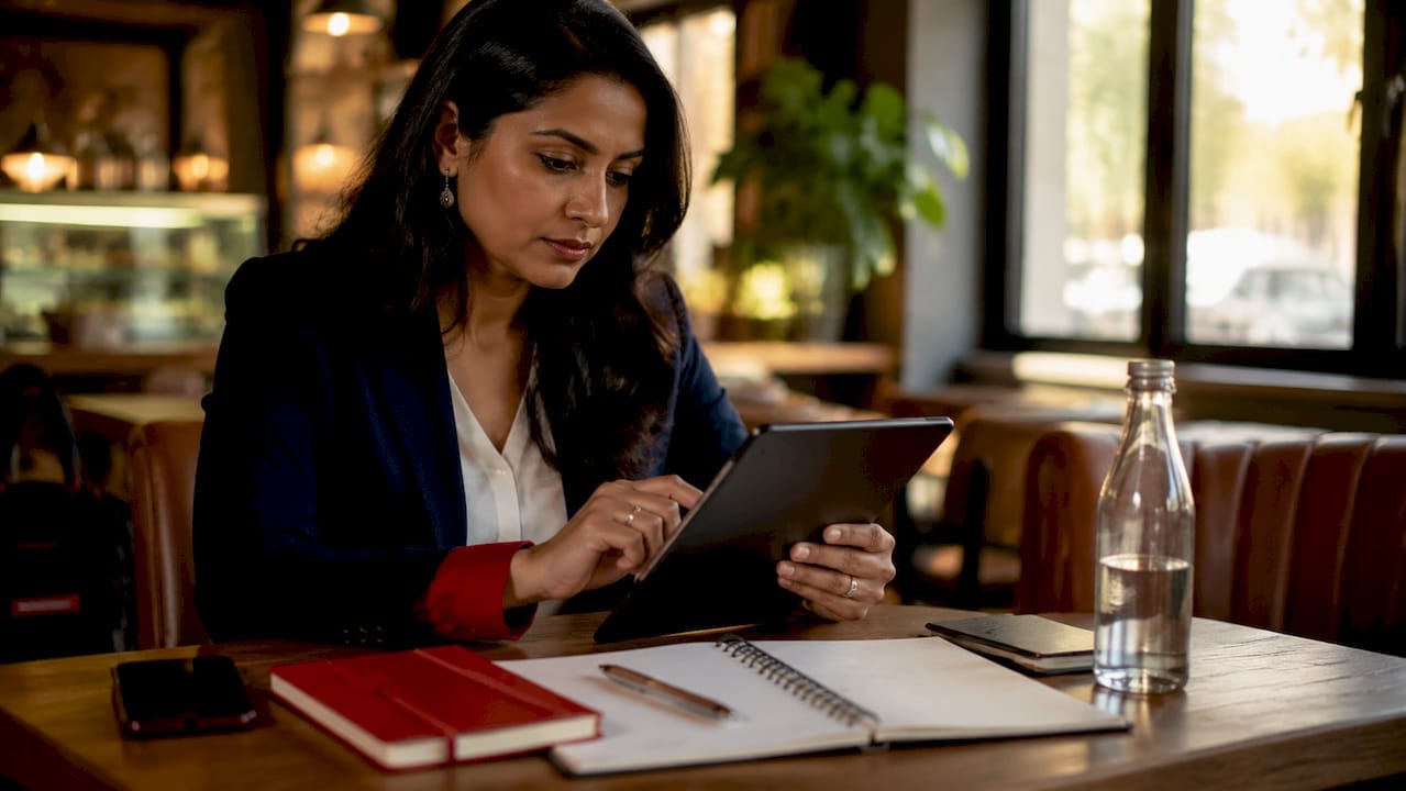 Marketing manager reviewing demand generation data on tablet
