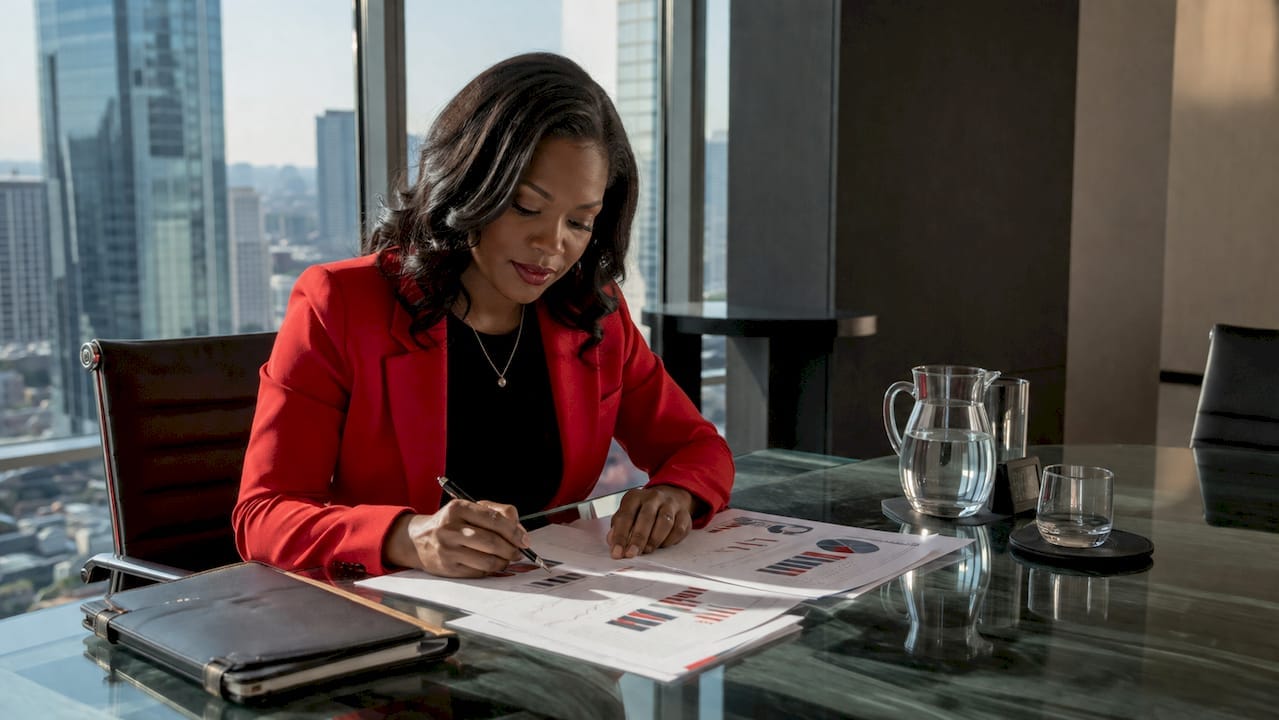 Businesswoman analyzing revenue reports in office