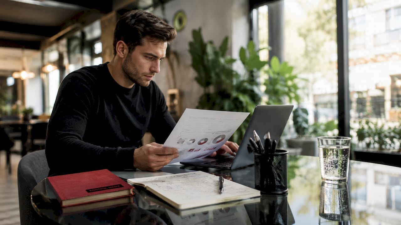 Marketing professional reviewing SEO reports at desk