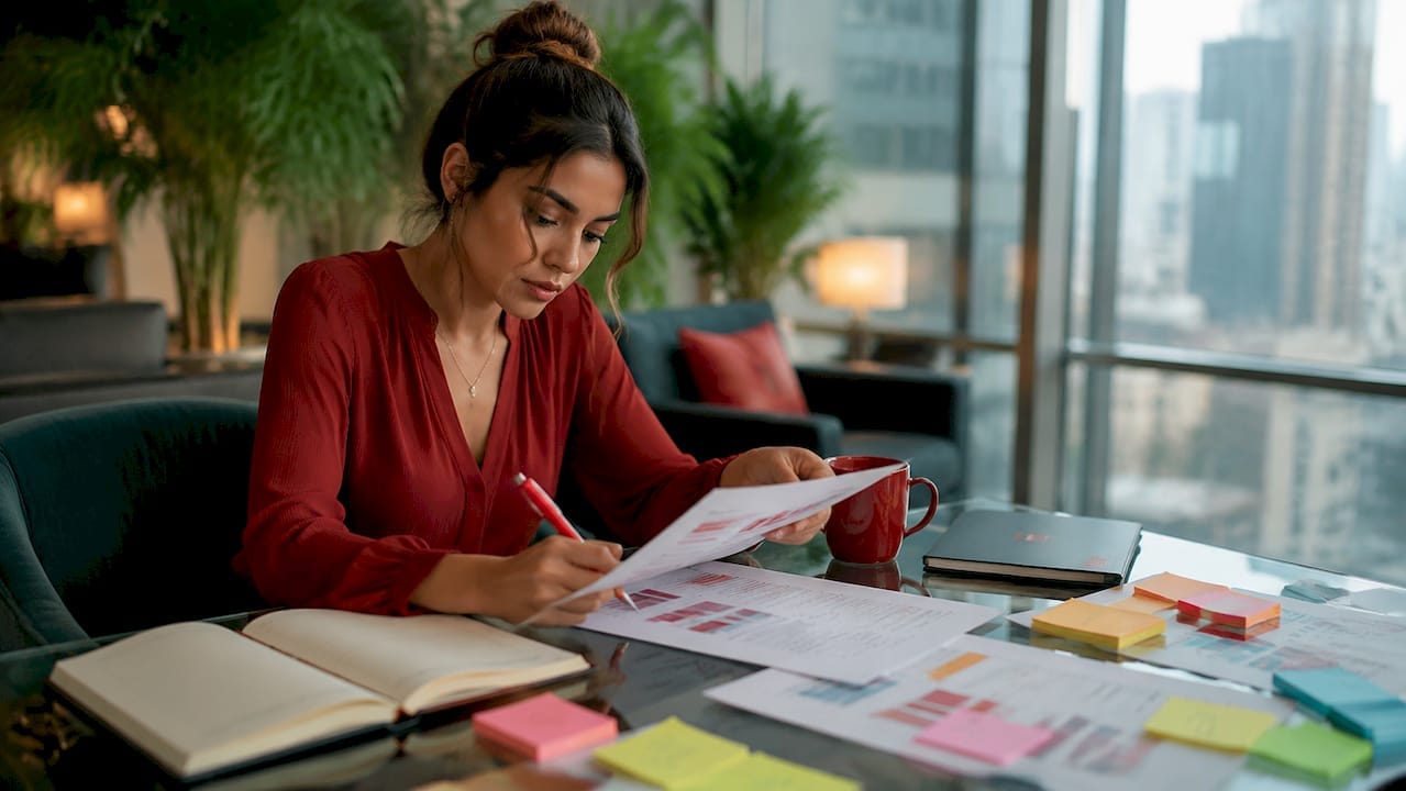 Marketing strategist reviewing messaging framework document