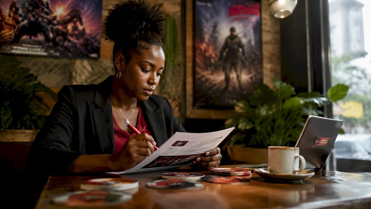 Marketing strategist reviewing game advertising brief