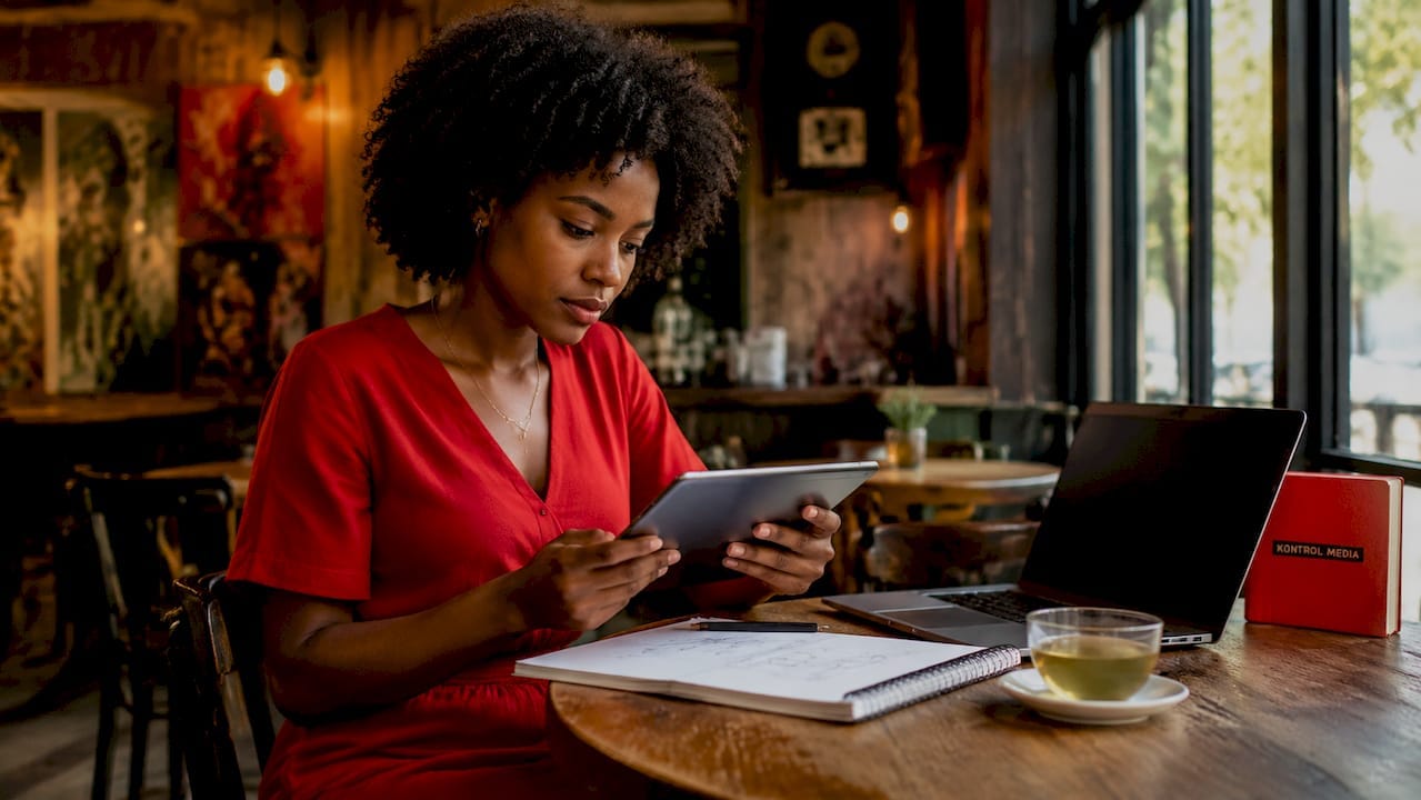 Woman reviewing digital DTC marketing on tablet