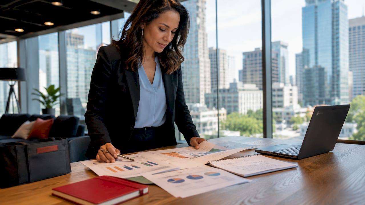 Media sales executive reviewing reports in office morning
