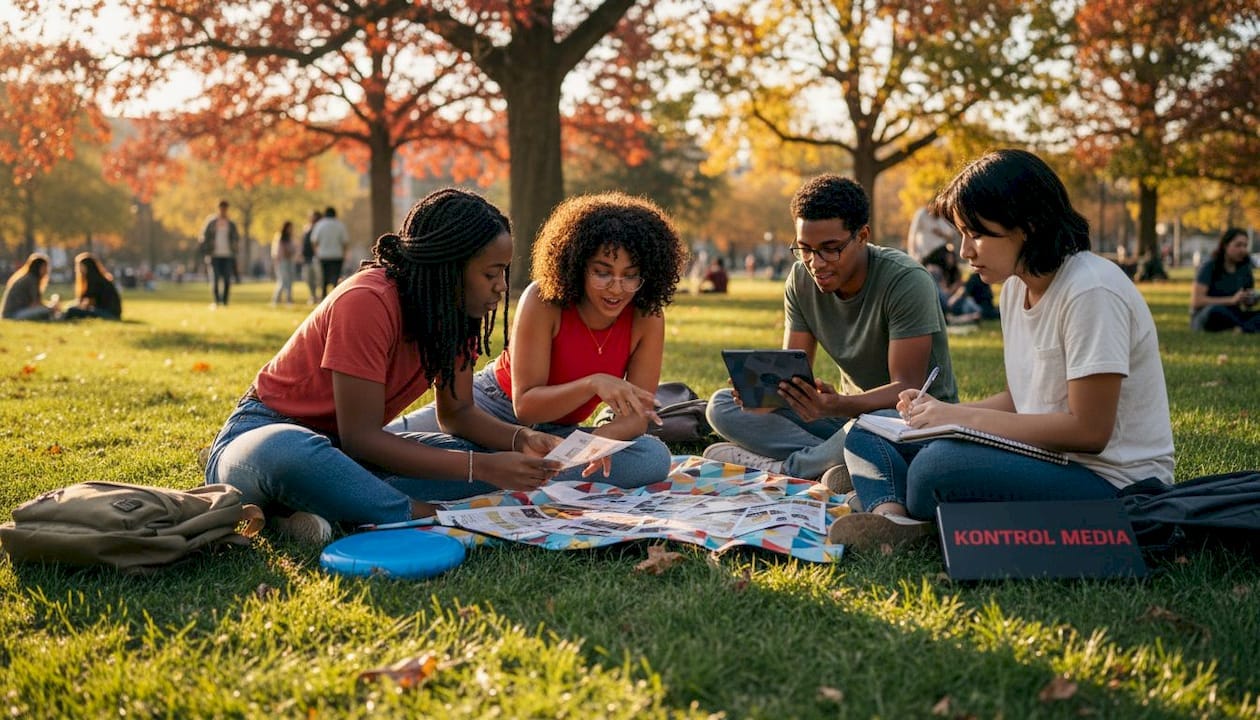 College students engaging with campus ads outdoors