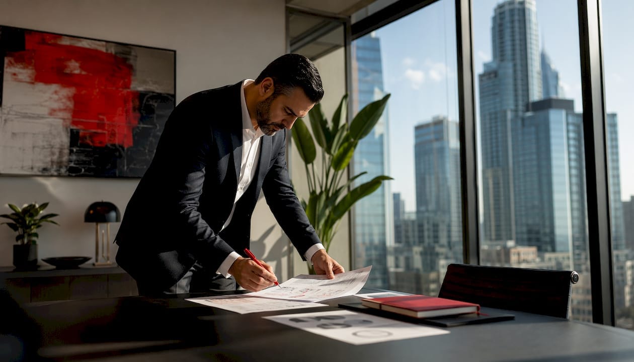 Analyst reviewing due diligence documents in office