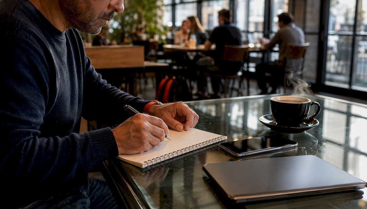 Hands writing SMART marketing objectives on notepad