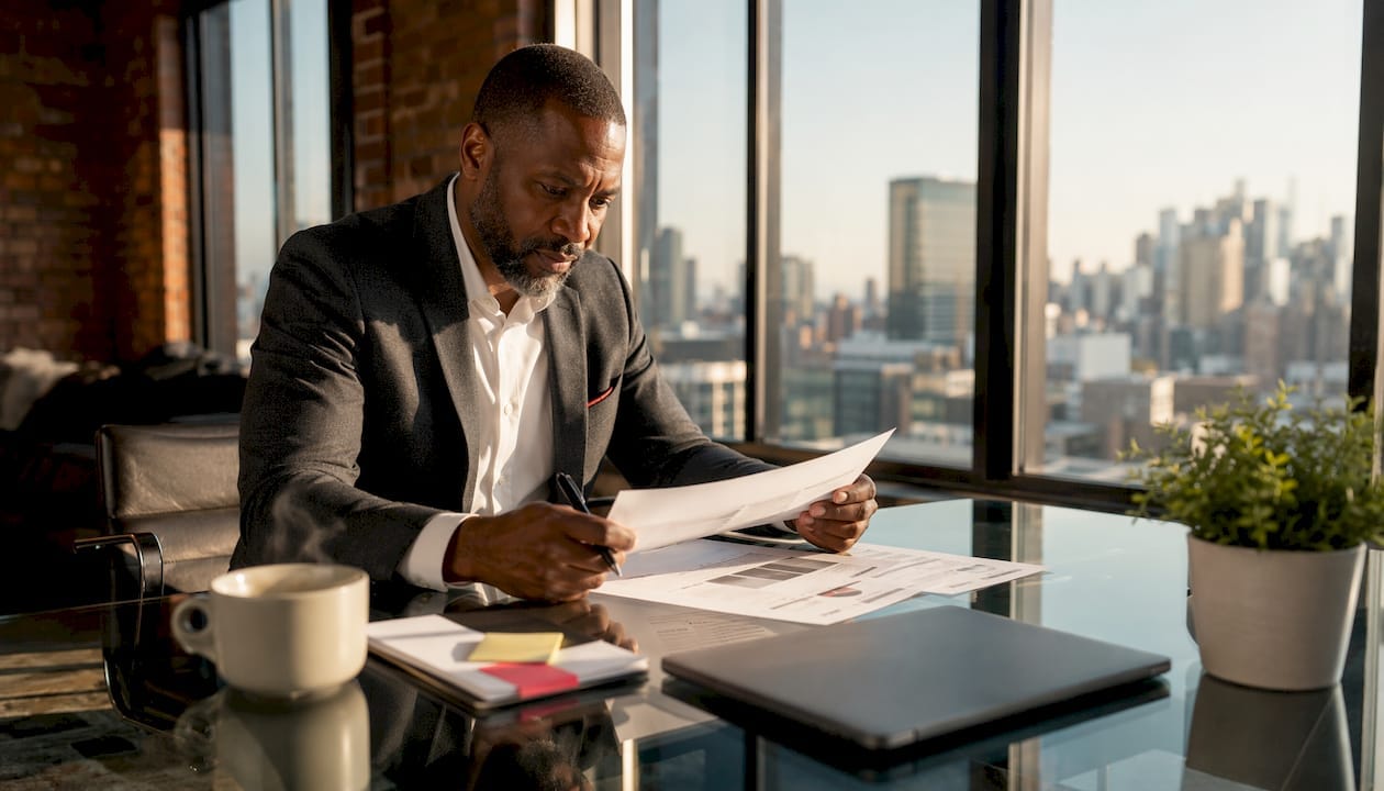 Executive reviewing branding strategy documents in office