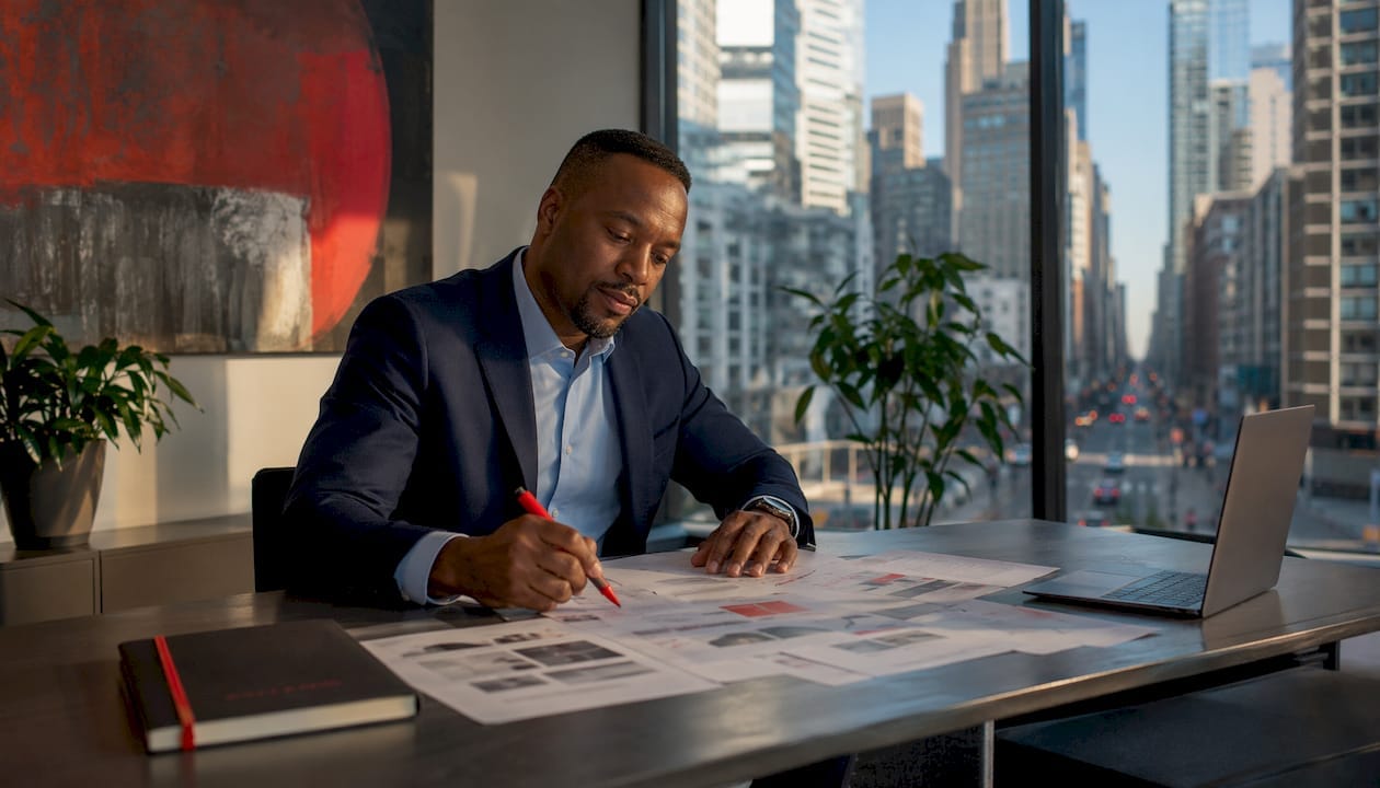 Enterprise leader reviewing market strategy documents