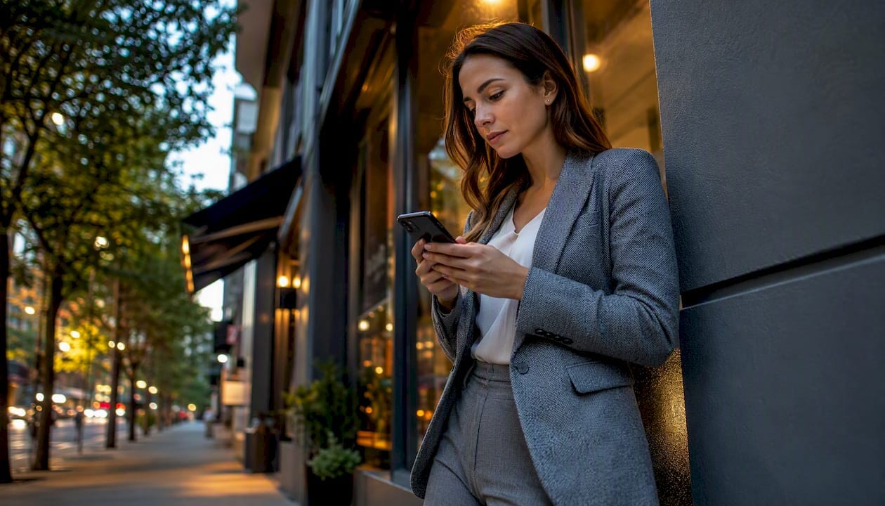 Real estate agent using smartphone outdoors