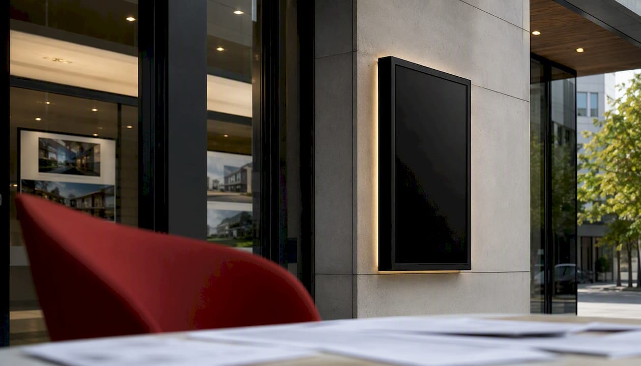 DOOH screen in real estate office interior