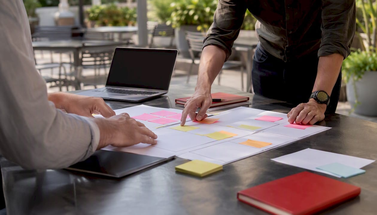 Hands coordinating business strategy in meeting