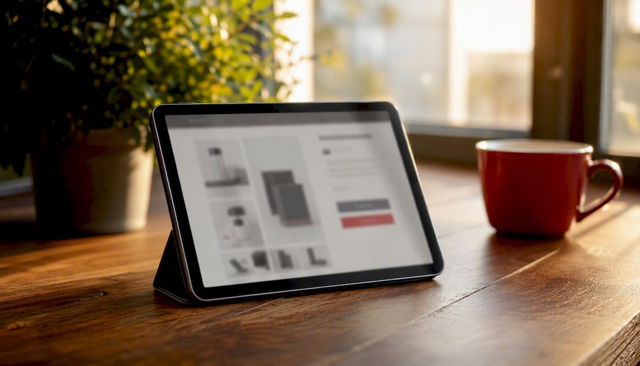 Blurred tablet showing product detail layout