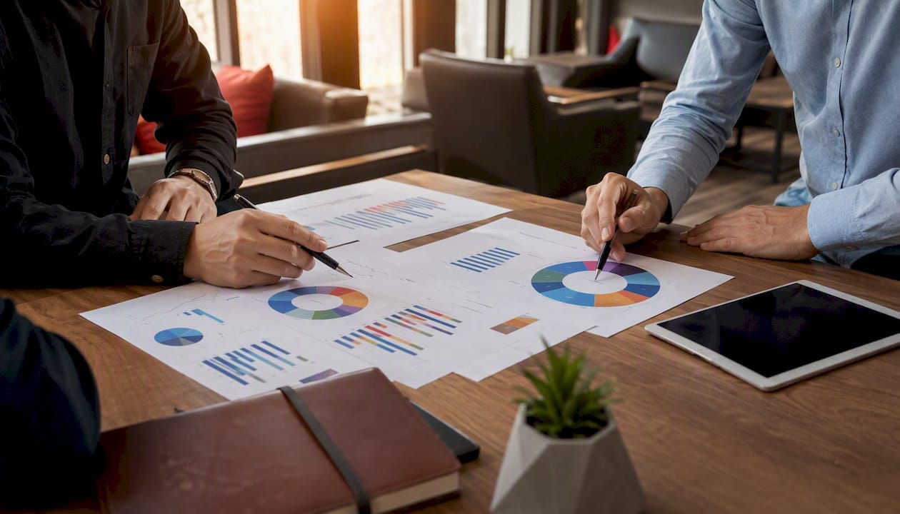 Hands collaborating over printed data charts
