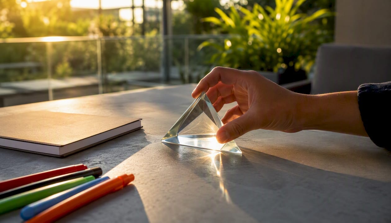 Hand placing prism on desk with strategy diagrams