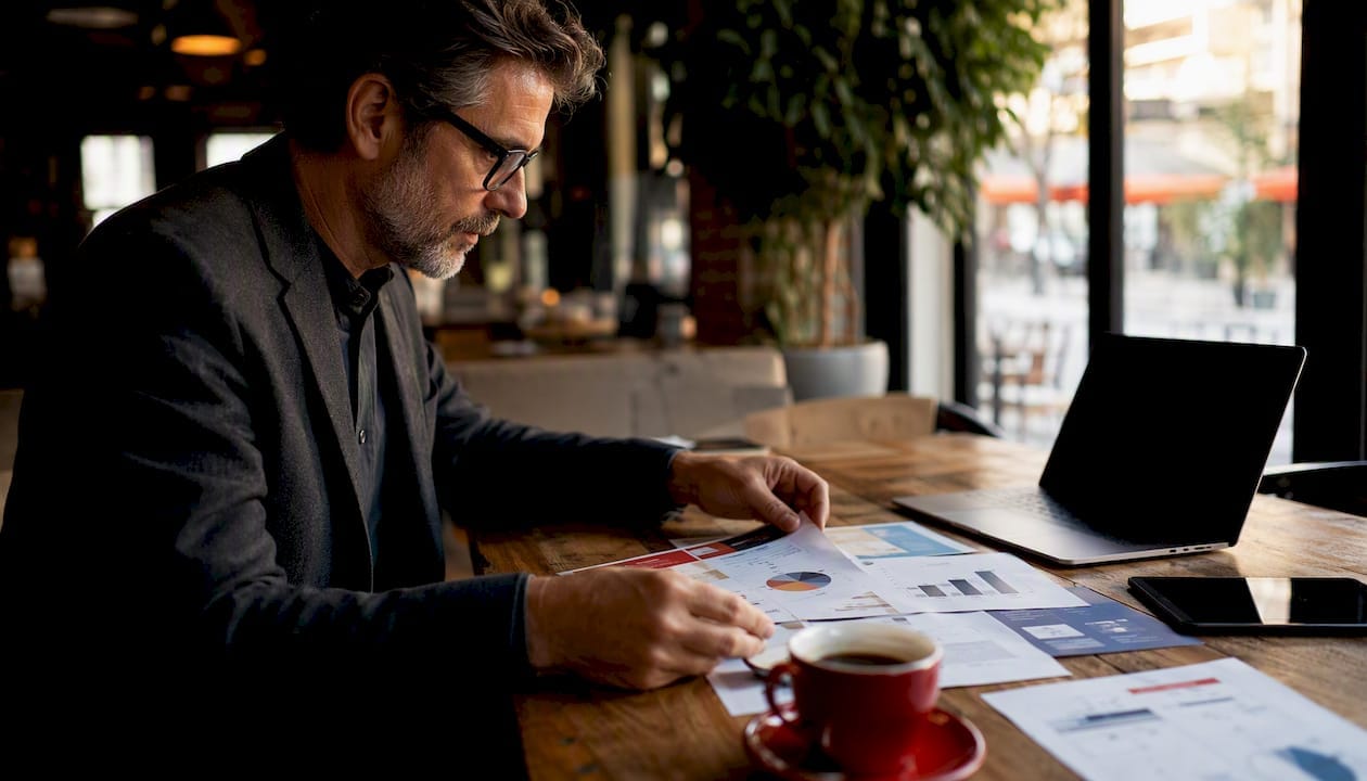 Hands arranging marketing strategy cards on table