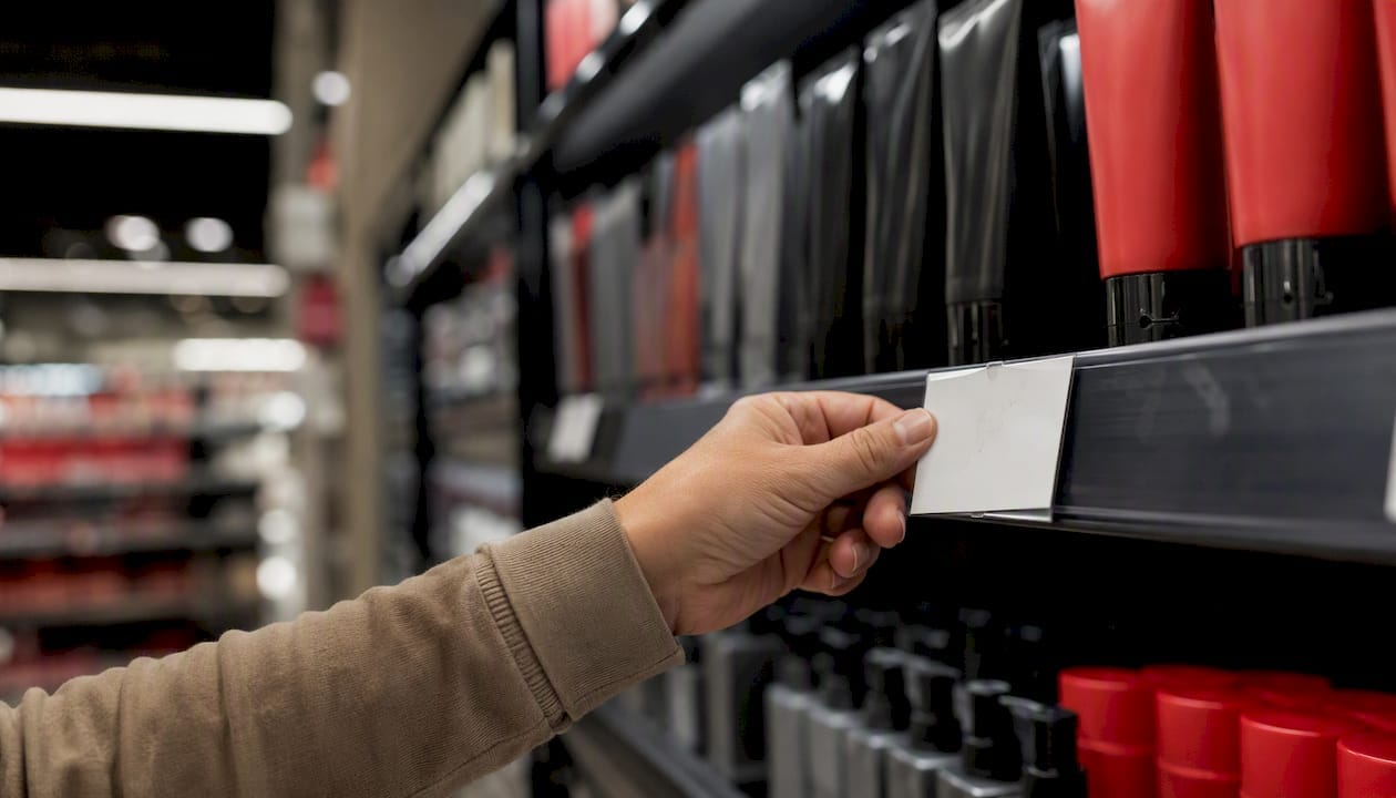 Hand placing price tag on retail shelf