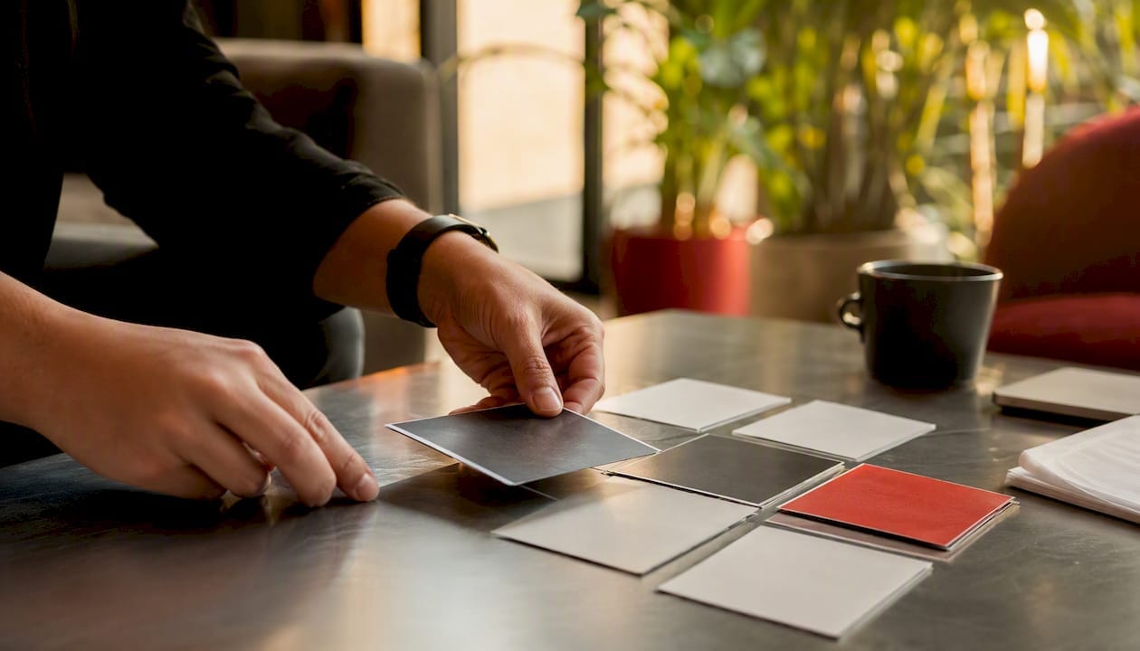 Hands adjusting pricing strategy cards on desk