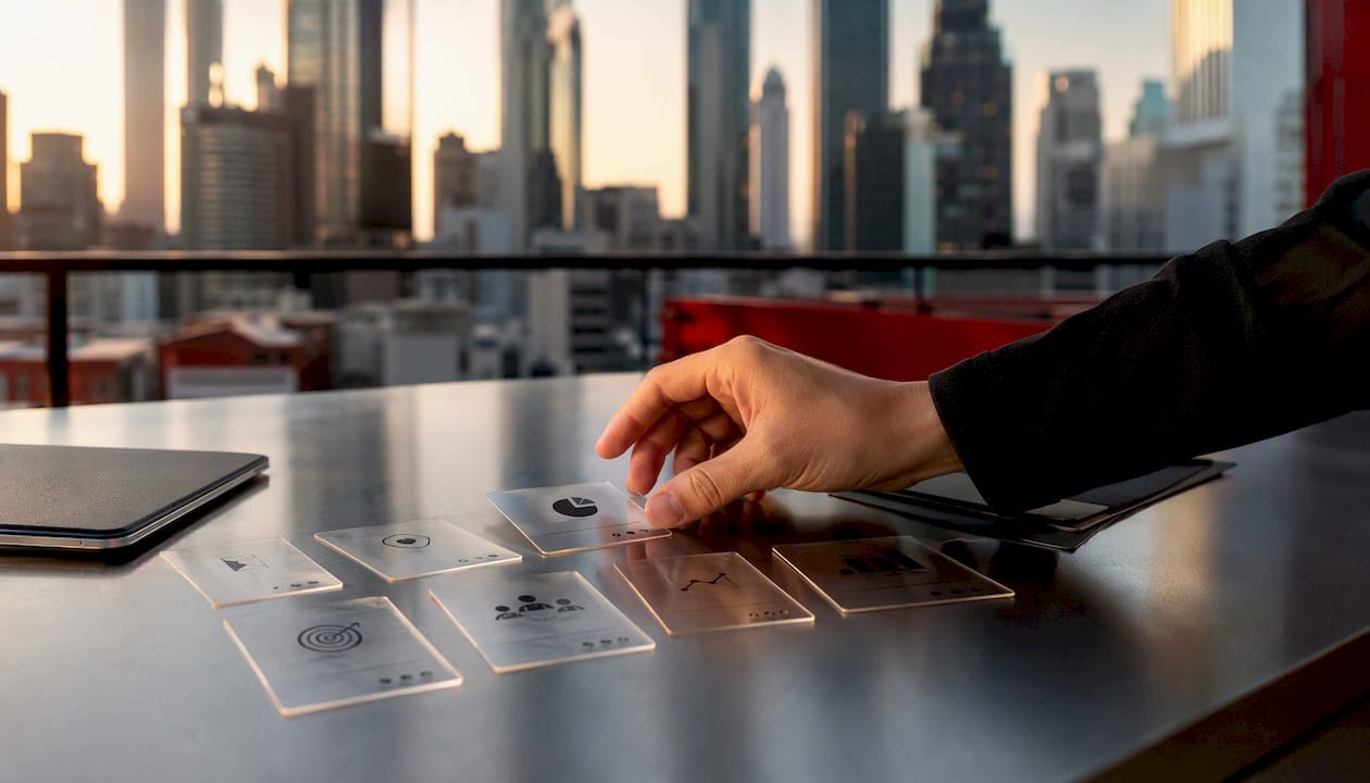 Hands arranging sales playbook cards on table