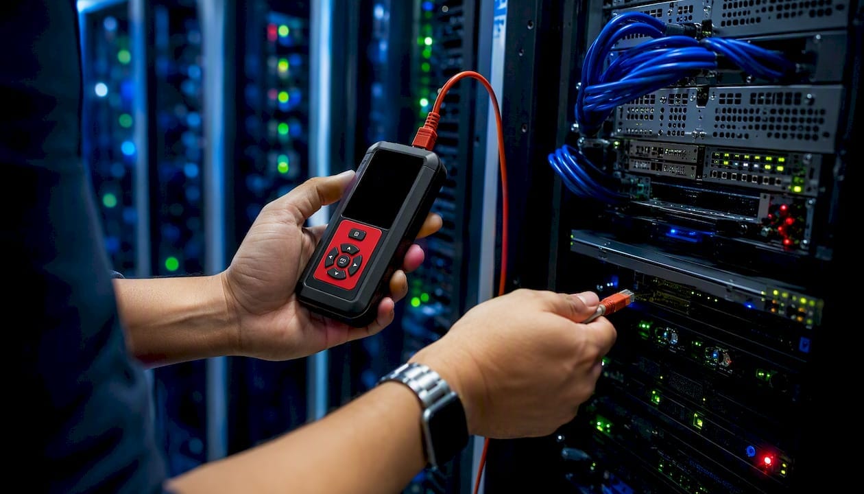 Hands testing cables in martech data center