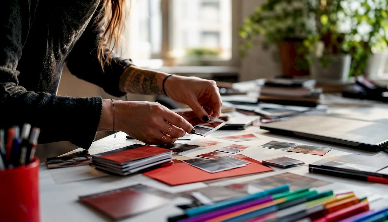 Hands arranging colorful marketing concept cards