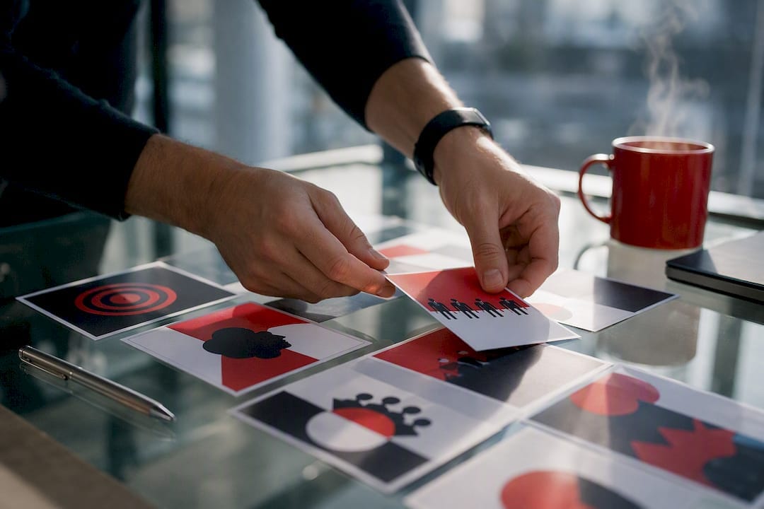 Hands arranging layered marketing strategy cards