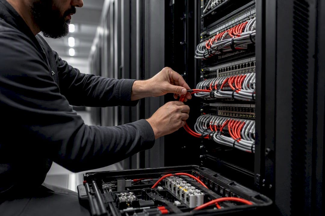 Hands connecting data cables in corporate data room