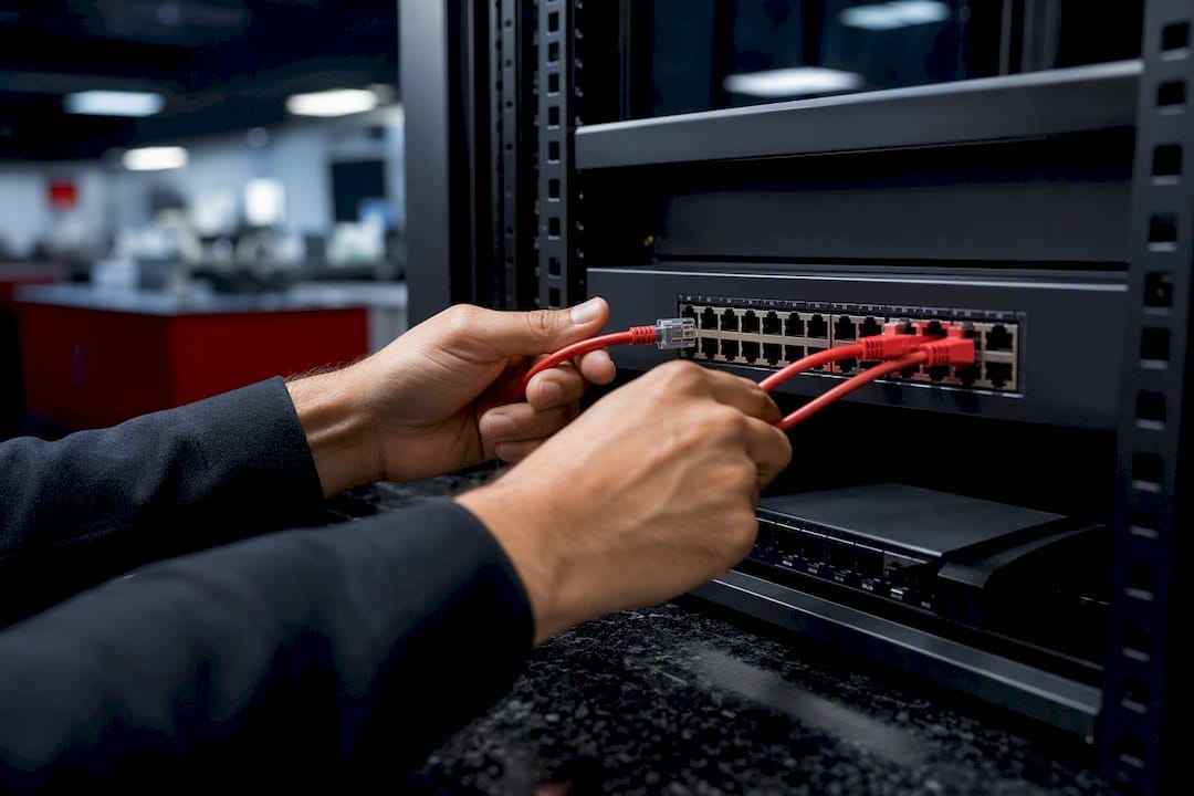 Hands connecting network cable in retail media setup