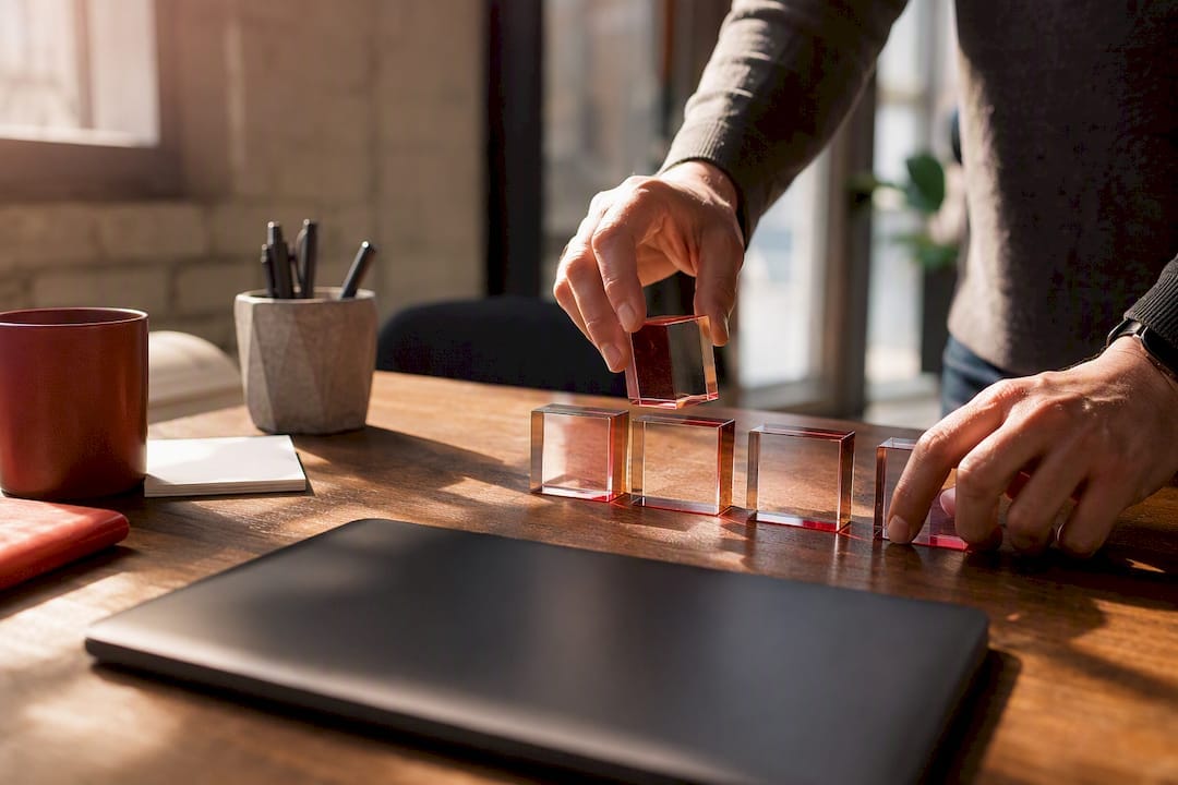 Hands adjusting KPI blocks on desk