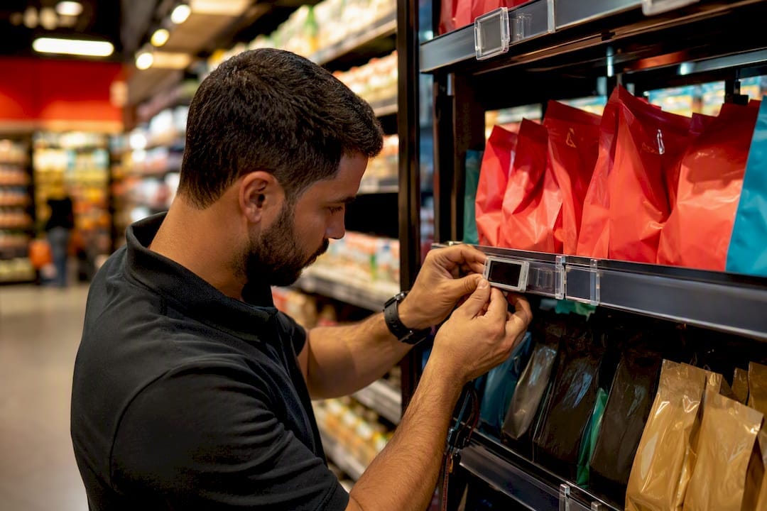 Hands installing digital shelf tag in store aisle