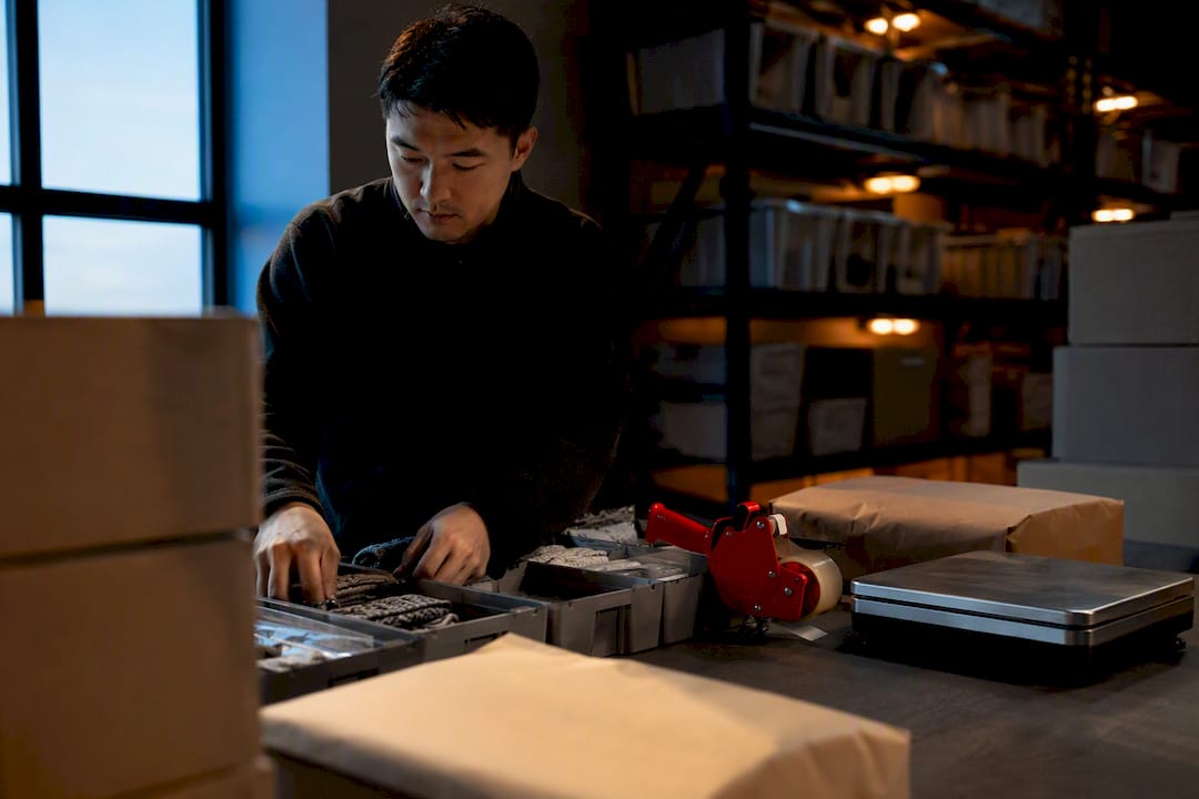 Holiday ecommerce fulfillment station preparing orders