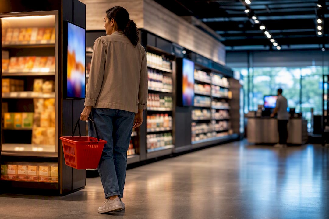 Shopper moving through connected in-store media touchpoints