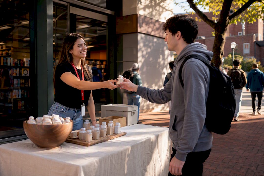 Student ambassador sampling near campus bookstore