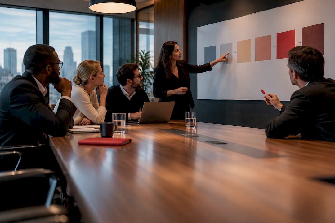 Team reviewing post-acquisition marketing plan