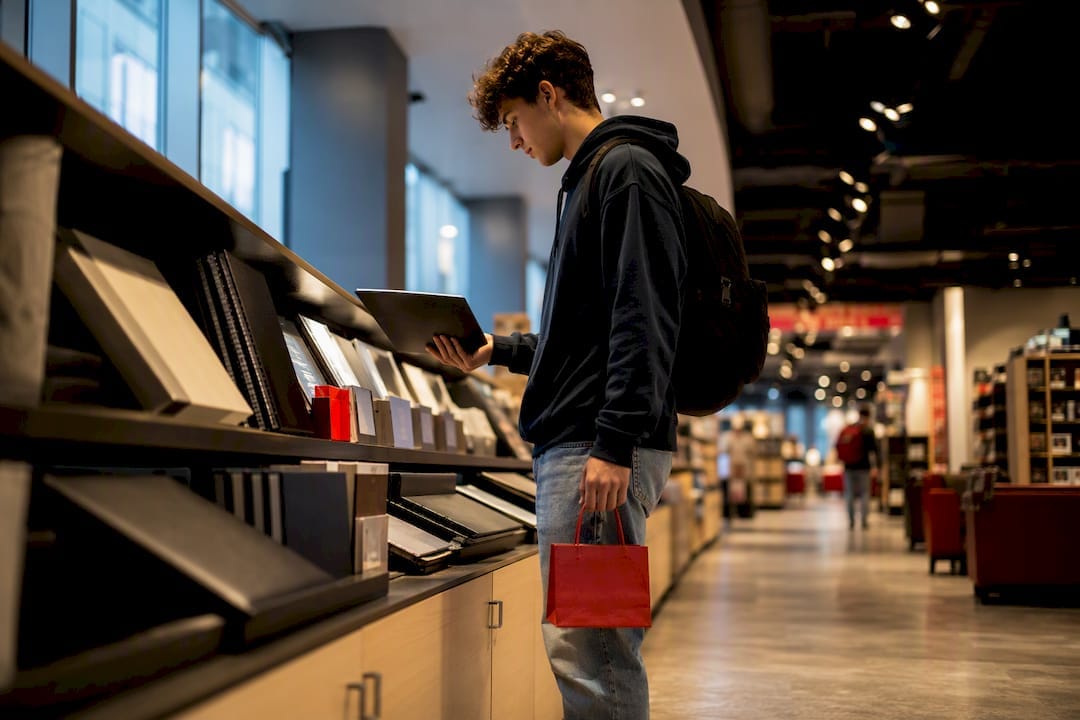 Student choosing materials in campus store
